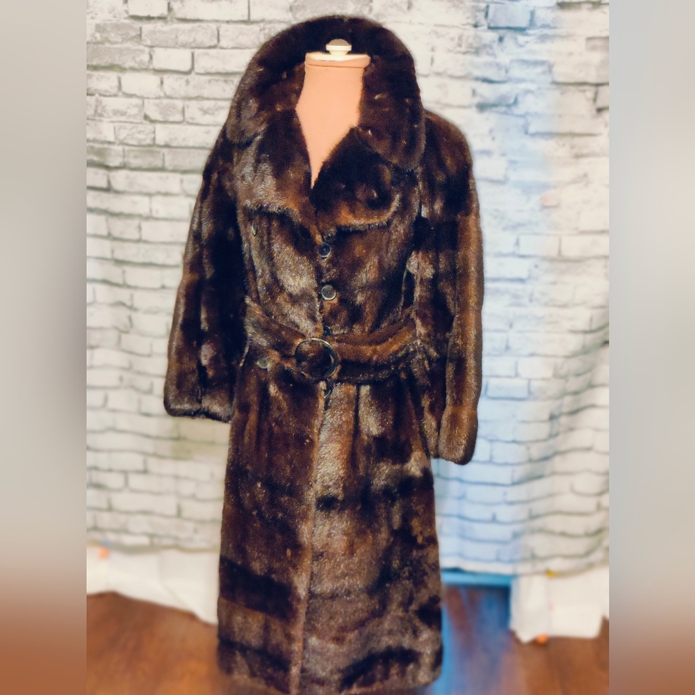 Stunning 70s chocolate midi  Mink Coat iconic Blum Chicago double breast w belt